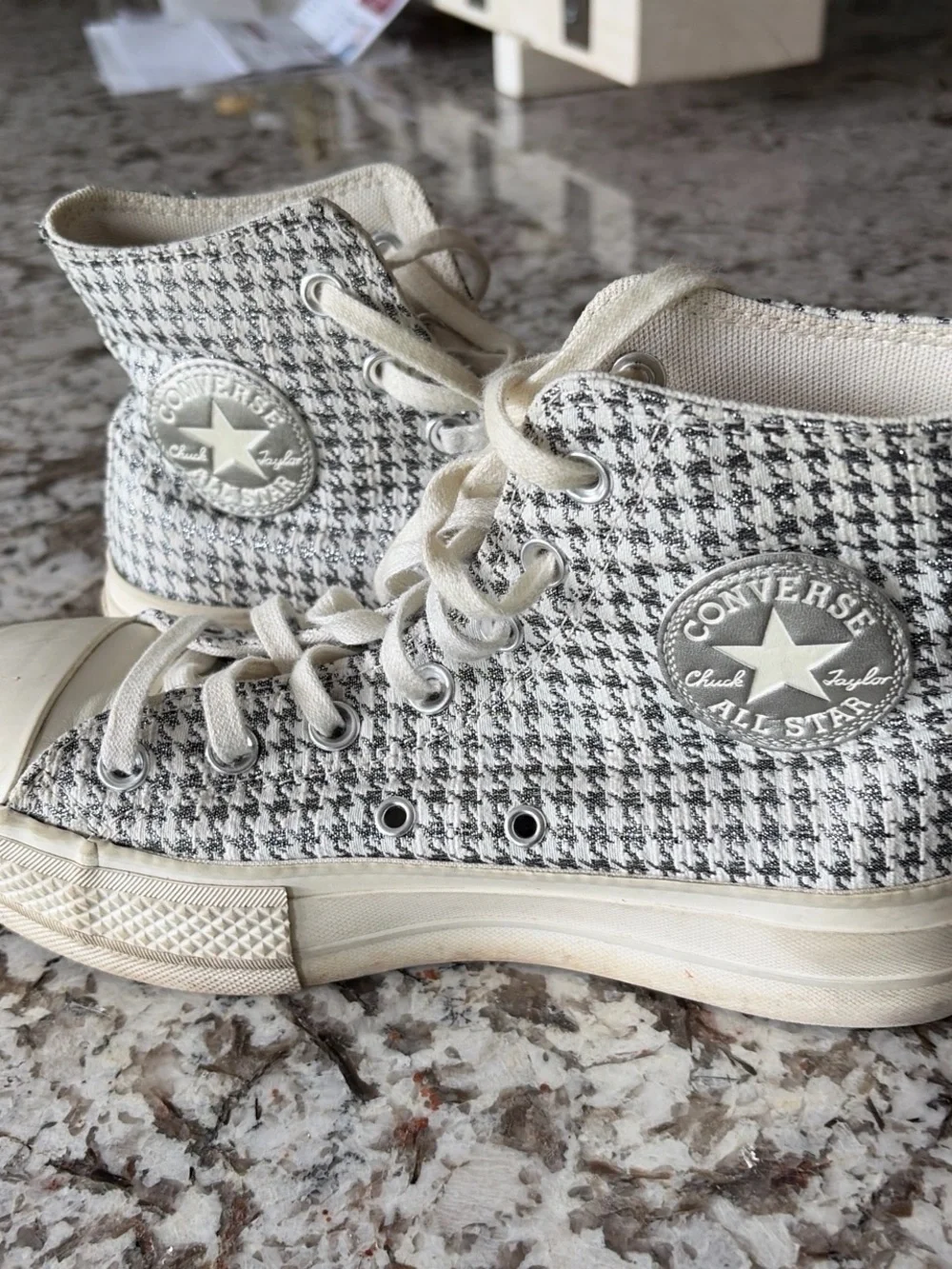 Converse High Top Sneakers in Cream and Silver Houndstooth